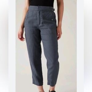 Athleta VOYAGER Blue/Gray High Waist 100% Linen Adjustable Waist Pants 4 Tall